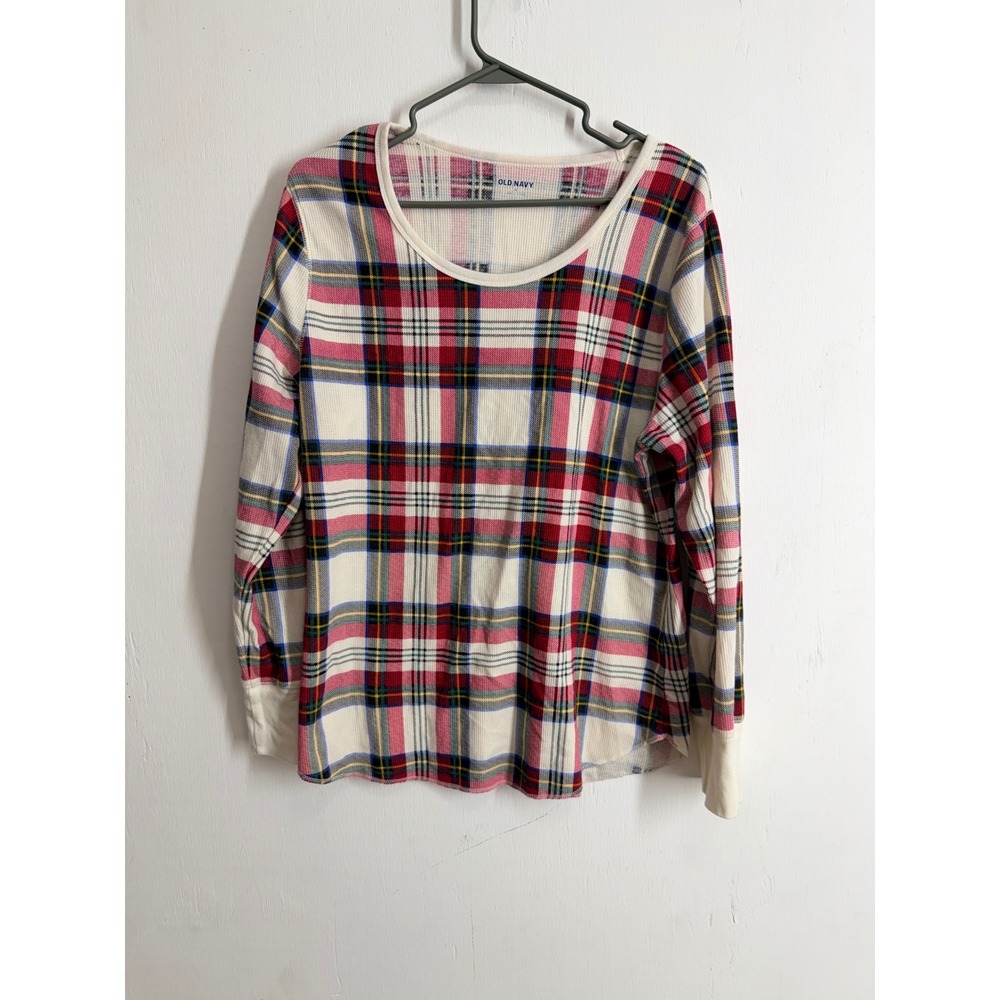 Old Navy Womens XL Thermal Waffle Knit Long Sleeve Plaid Top Red White Blue